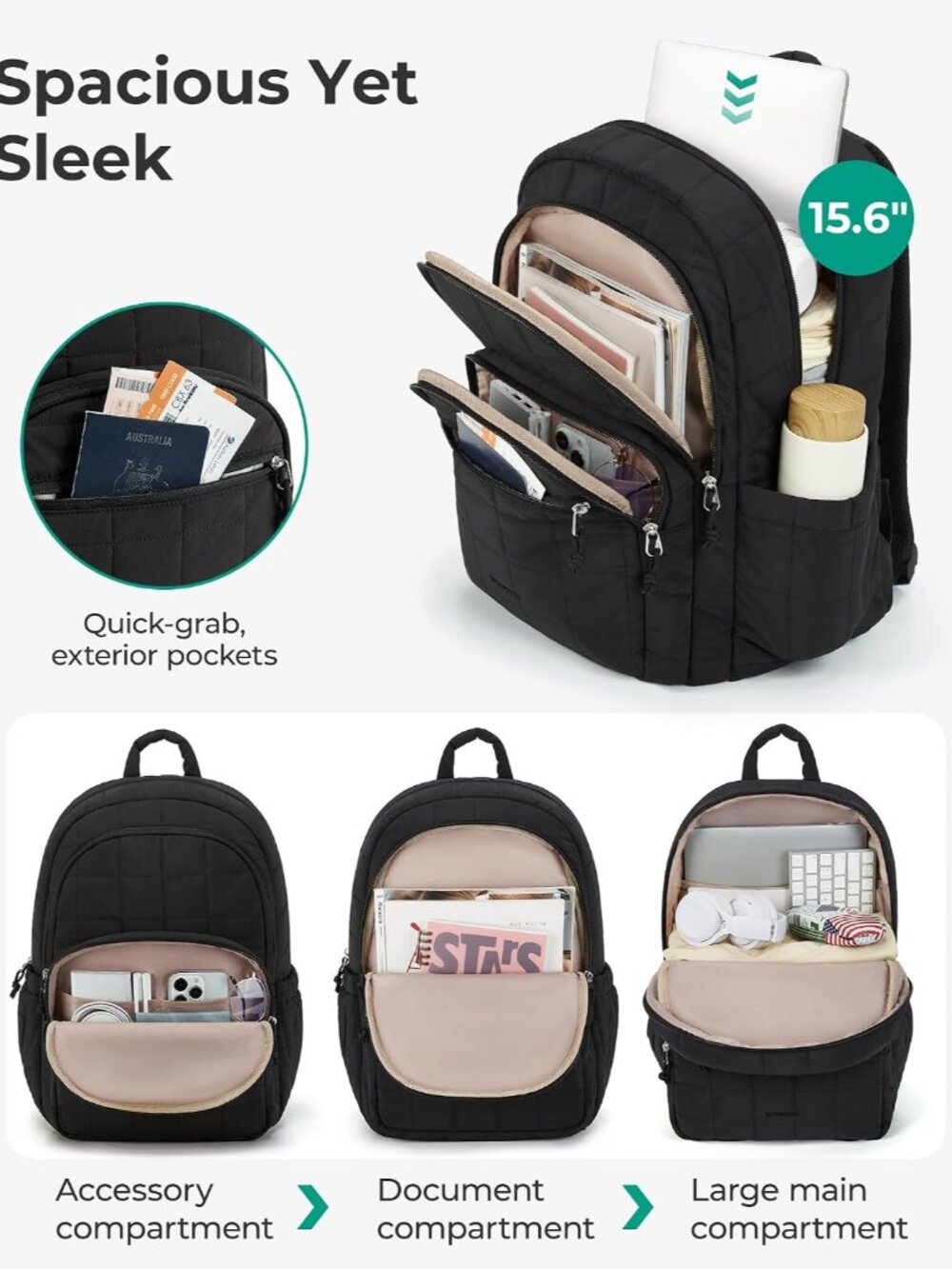 Travel Backpack for Women, 15.6" College Laptop Backpack, Black - Picture 3 of 9